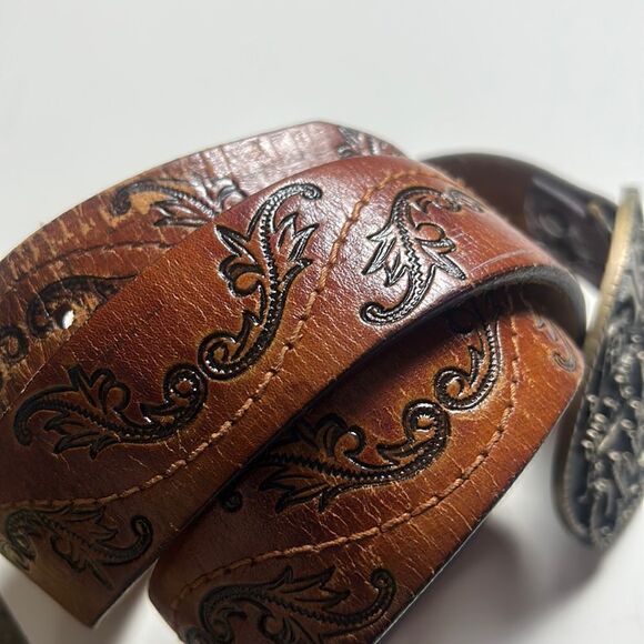 leather tooled belt with buckle hand stained latitan sz 36 western cowboy rodeo - Picture 2 of 11